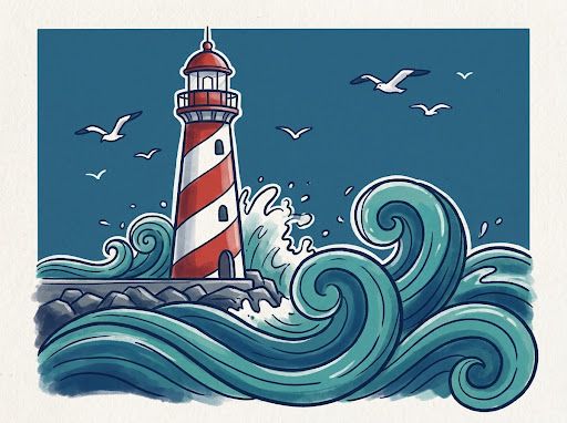 Illustratie van de haven van IJmuiden in woodcut-stijl